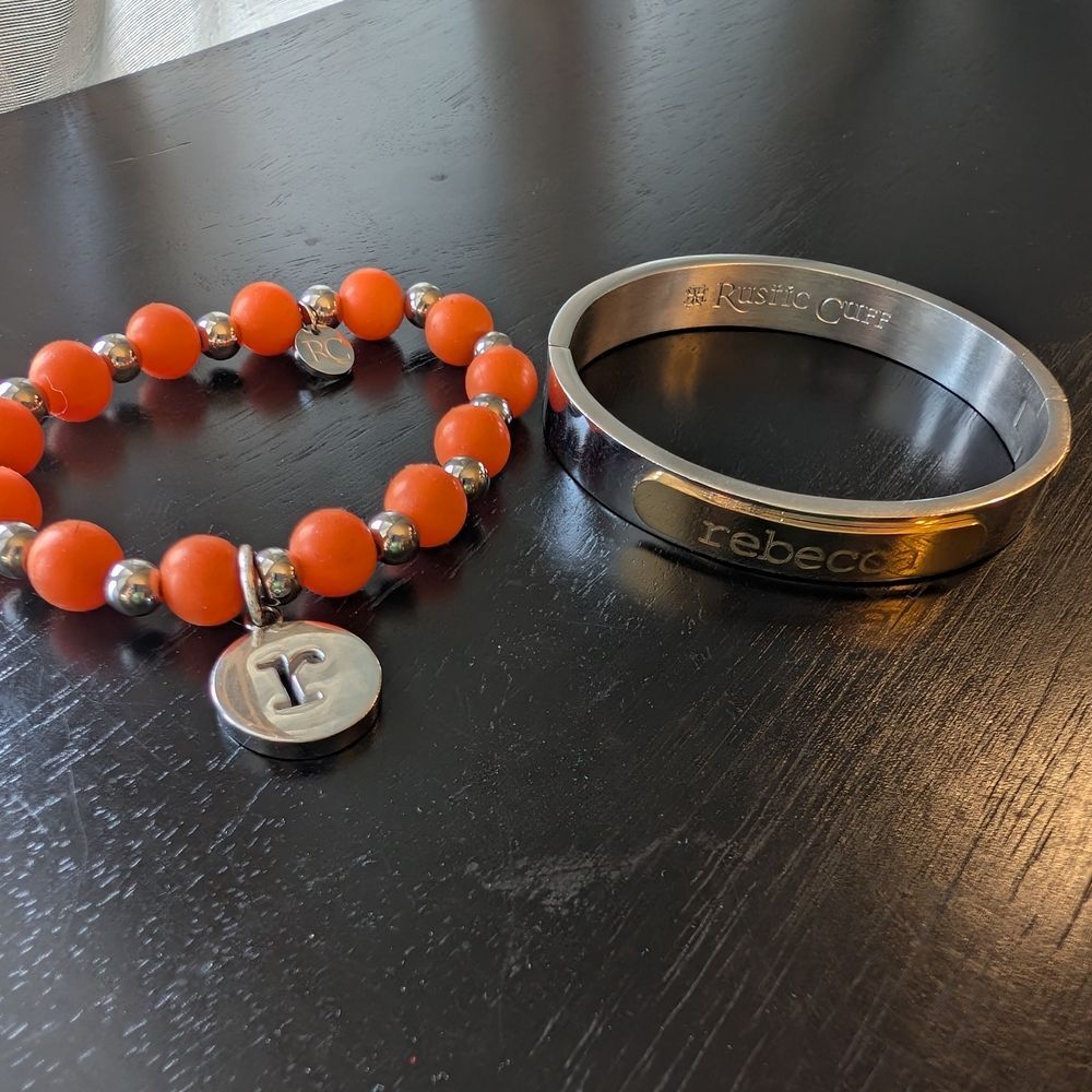Rustic Cuff "Rebecca" Vibrant Orange and Silver Bangle Set